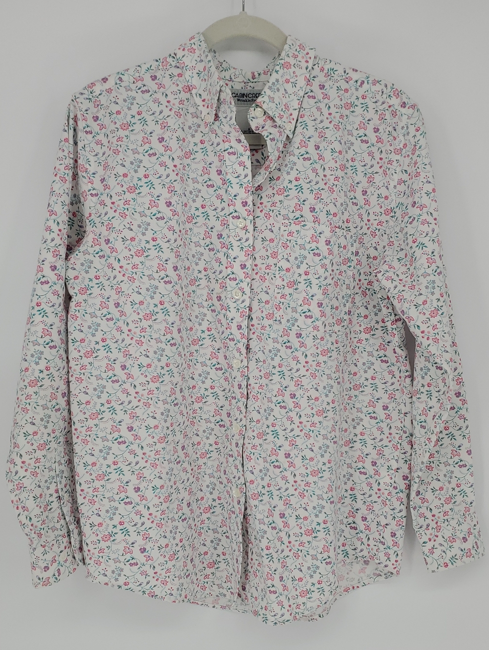 Cabin Creek White Button-Down Shirt with Pink Floral Print Womens Size 8